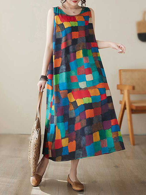 Loose Sleeveless Contrast Color Multi-Colored Plaid Round-Neck Midi Dress