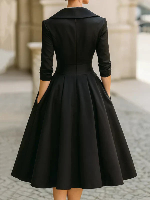 Elegant Midi Dress with Refined Details and Practical Pockets