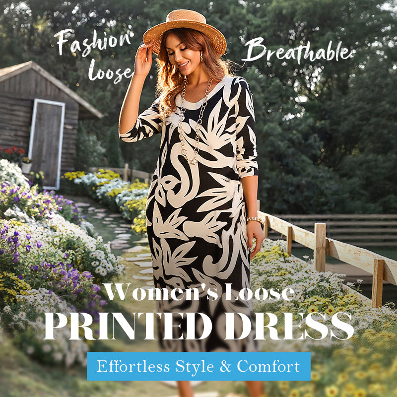 Women's Elegant Loose Round-Neck Printed Dress