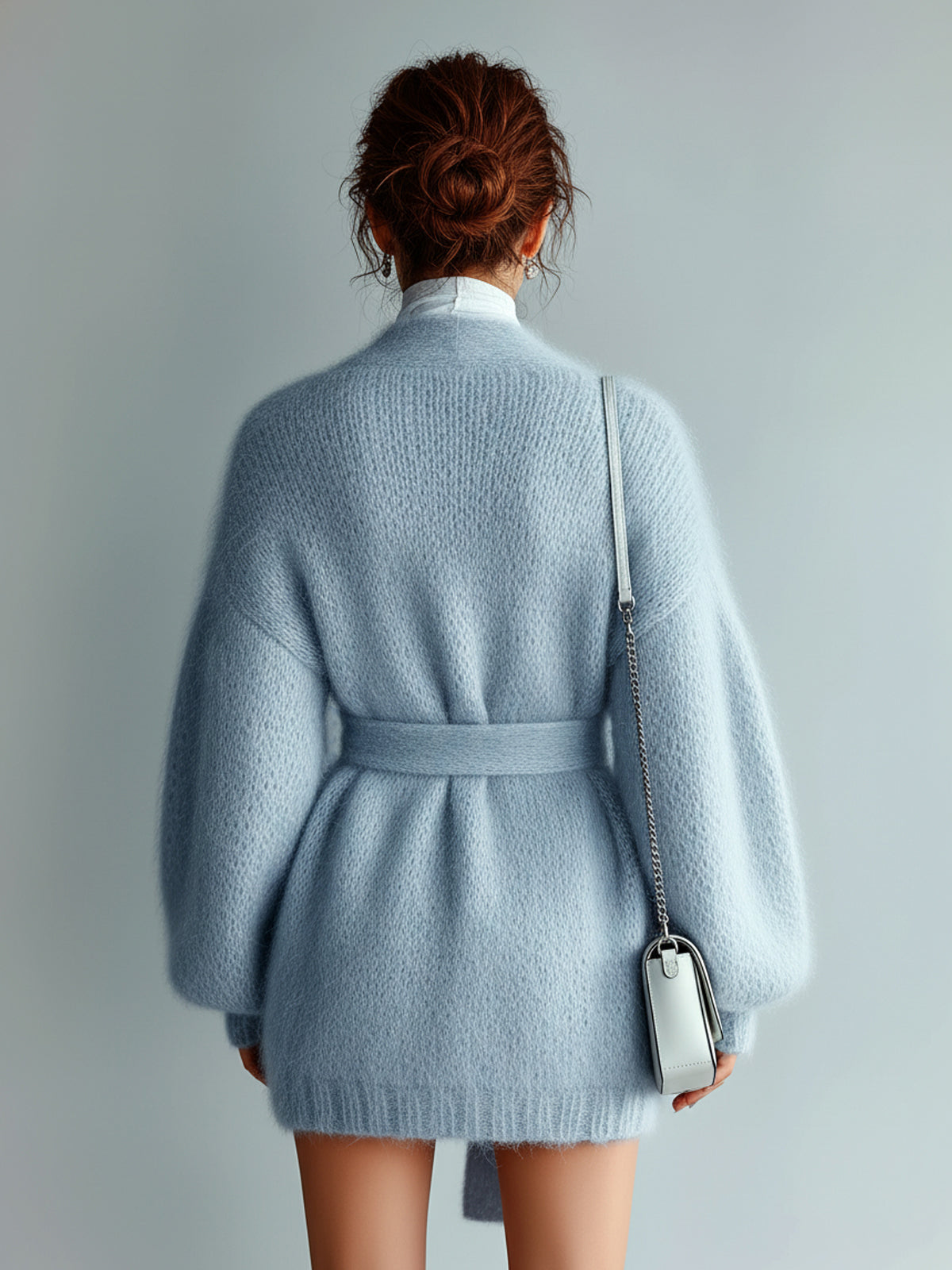 Chic Vintage Light Blue V-Neck Lantern Sleeve Belted Oversized Knit Cardigan