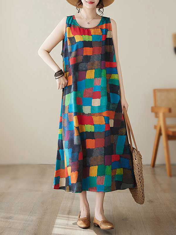 Loose Sleeveless Contrast Color Multi-Colored Plaid Round-Neck Midi Dress