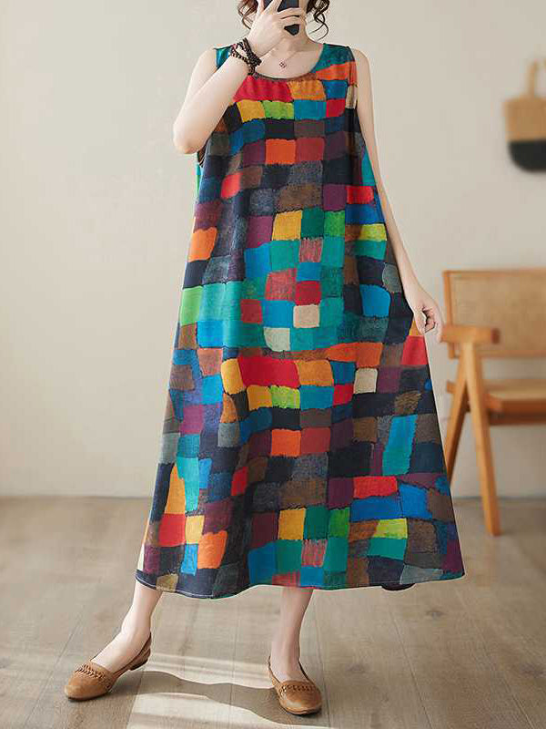 Loose Sleeveless Contrast Color Multi-Colored Plaid Round-Neck Midi Dress