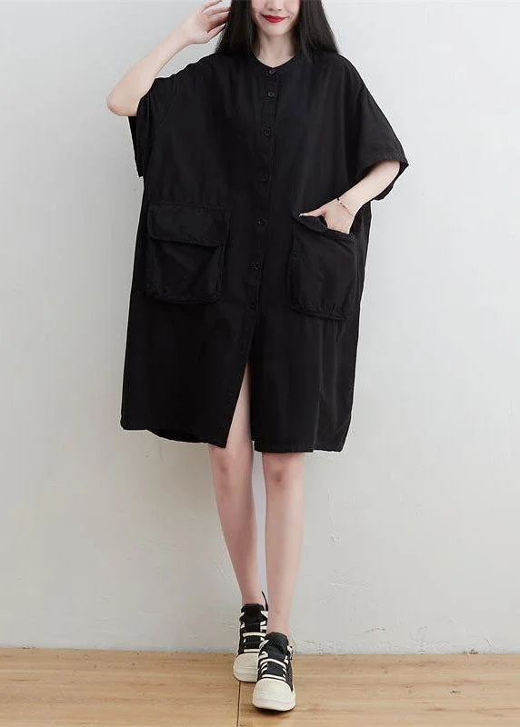 Plus Size O-Neck Pockets Button Linen Dresses Short Sleeve