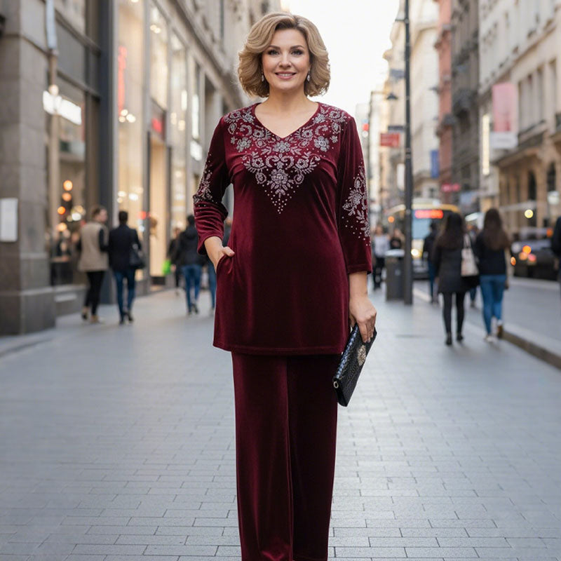 Women's Velvet Rhinestone Top & Pants Set