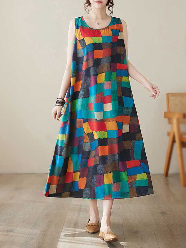Loose Sleeveless Contrast Color Multi-Colored Plaid Round-Neck Midi Dress