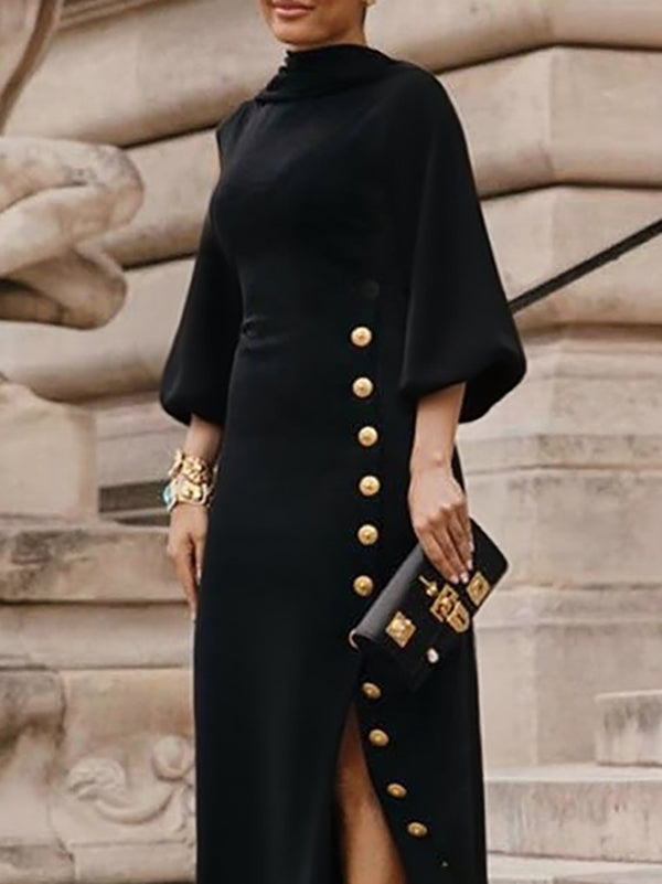 Loose Puff Sleeves Buttoned Split-side Mock Neck Maxi Dresses