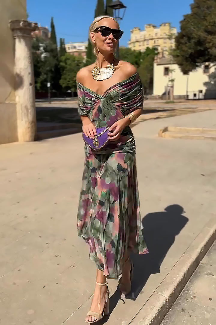 Elegant V-Neck Fantasy Painted Floral Print Party Maxi Dress