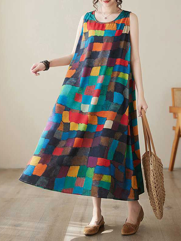 Loose Sleeveless Contrast Color Multi-Colored Plaid Round-Neck Midi Dress