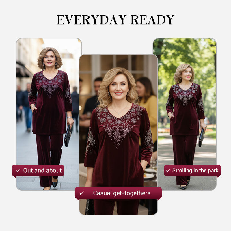 Women's Velvet Rhinestone Top & Pants Set