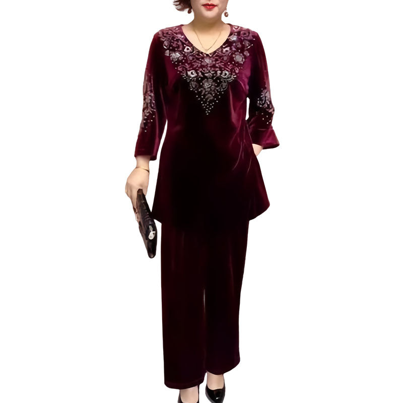Women's Velvet Rhinestone Top & Pants Set
