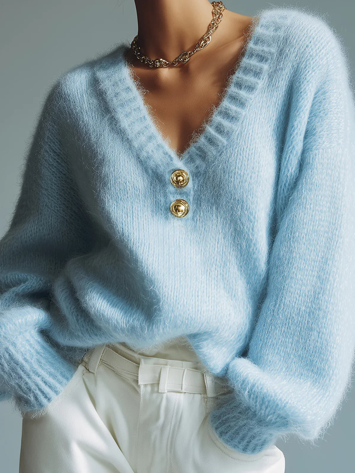 Chic Vintage Light Blue V-Neck Button-Front Long Sleeve Loose-Fit Fuzzy Knit Sweater Top