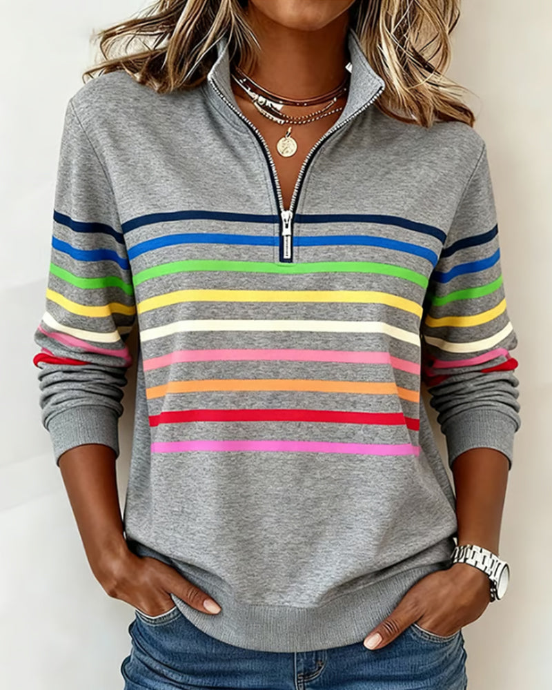Mode Half-Zip Sweatshirt with Bold Rainbow Stripes