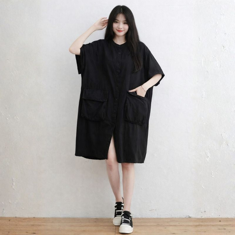 Plus Size O-Neck Pockets Button Linen Dresses Short Sleeve