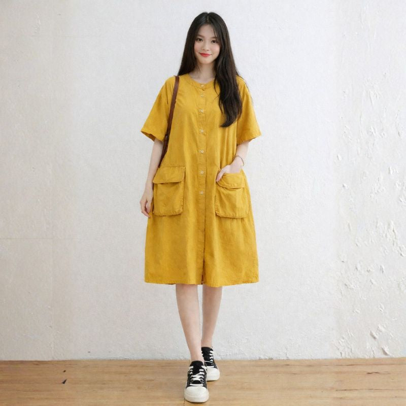 Plus Size O-Neck Pockets Button Linen Dresses Short Sleeve