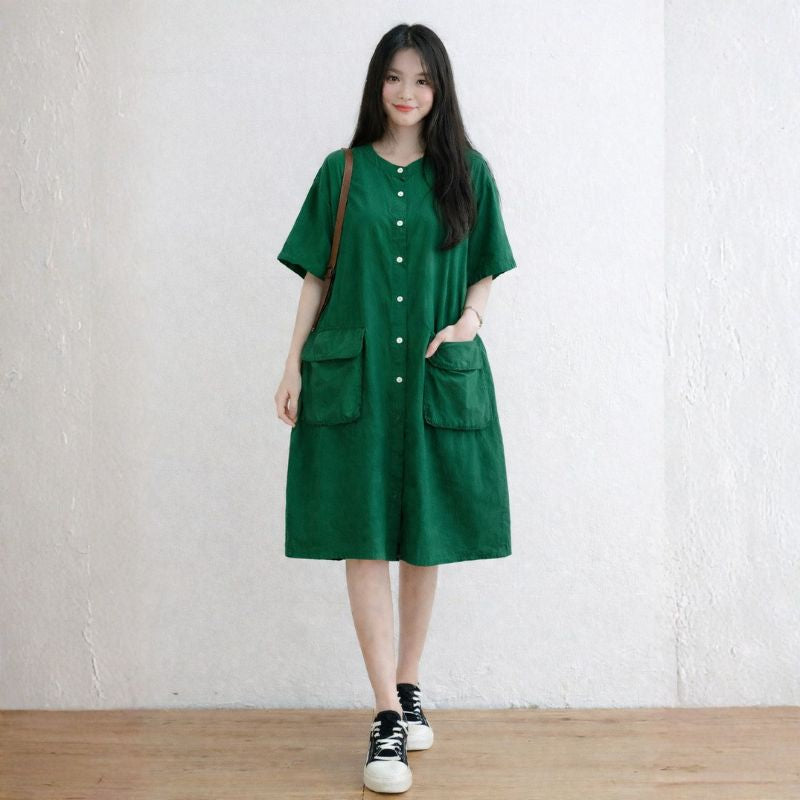 Plus Size O-Neck Pockets Button Linen Dresses Short Sleeve