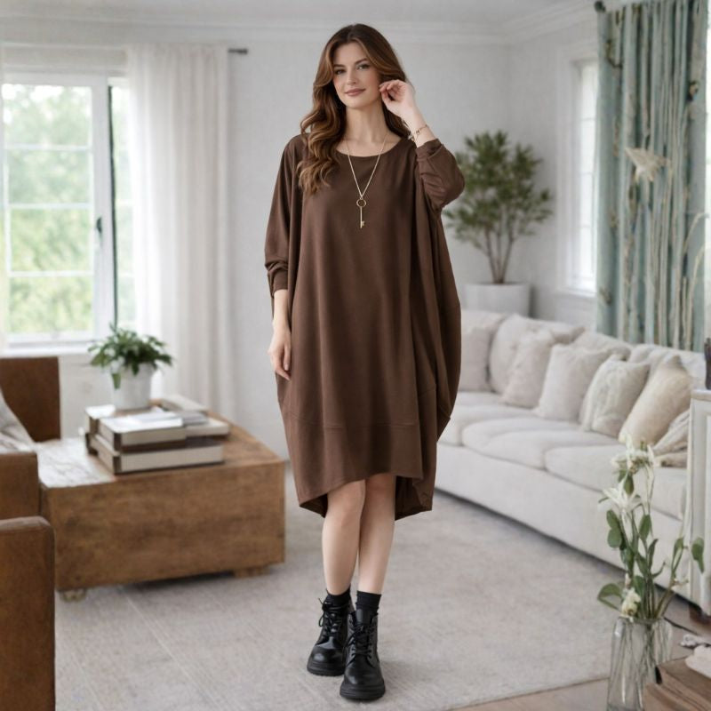 Coffee Patchwork Cozy Cotton Dresses Long Sleeve