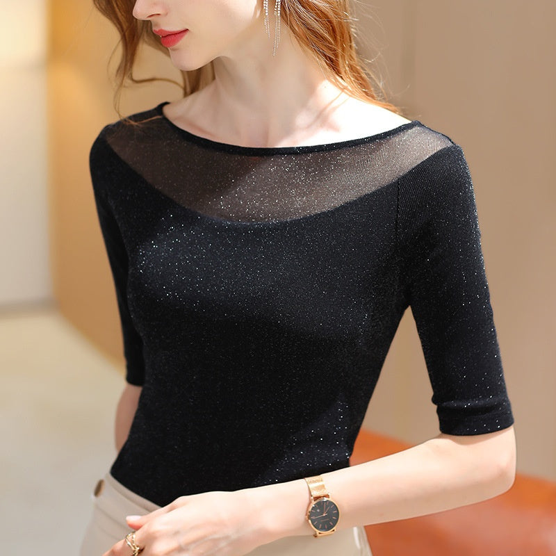Luna Slash-Neck Mesh Tee
