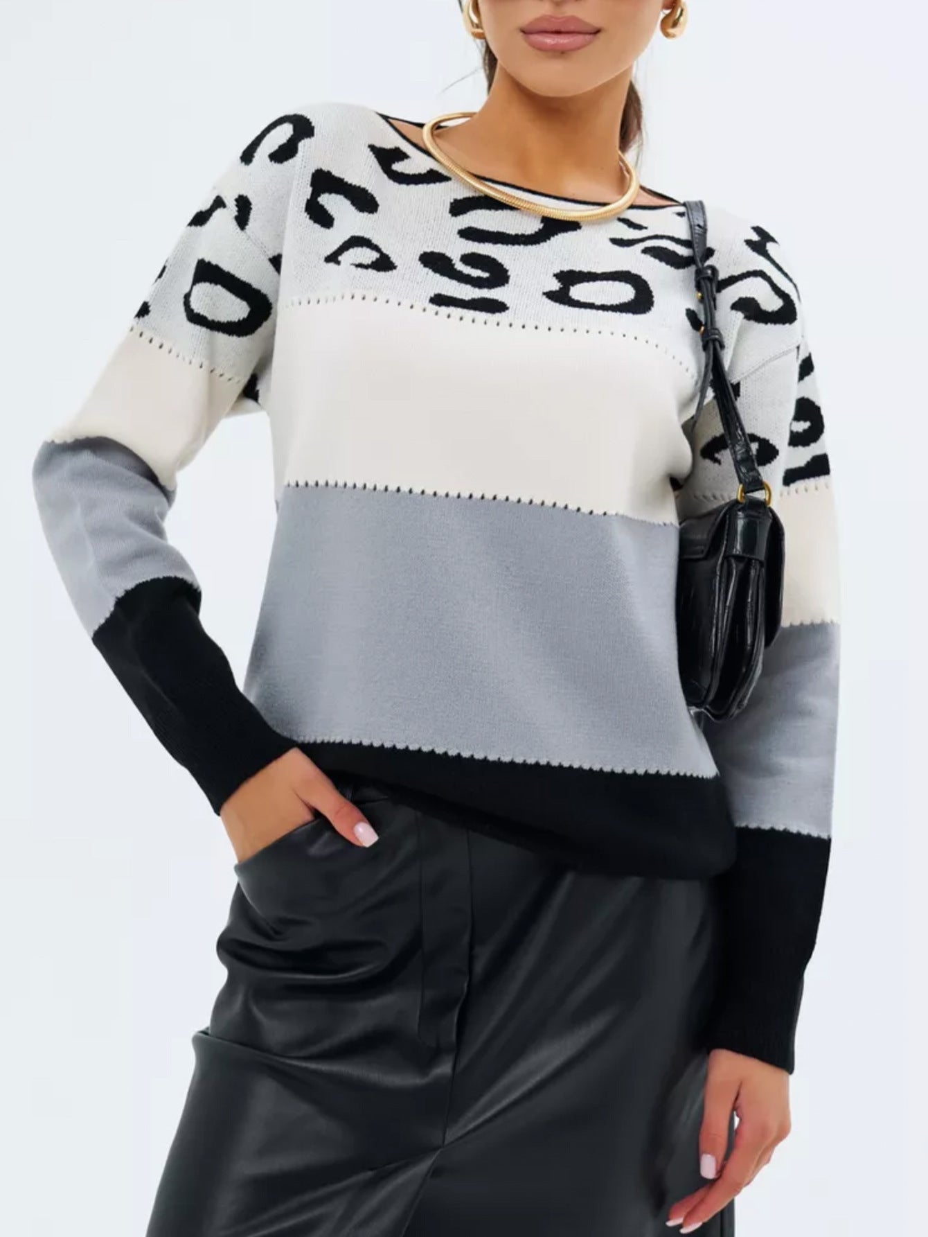 Sarena Leopard Color block Knit Sweater