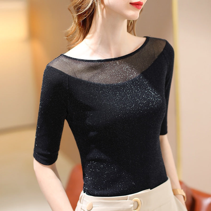 Luna Slash-Neck Mesh Tee