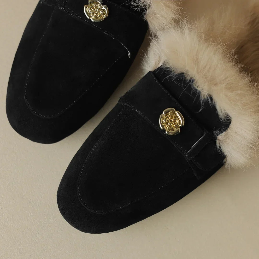 Camellia Suede Shearling Mules
