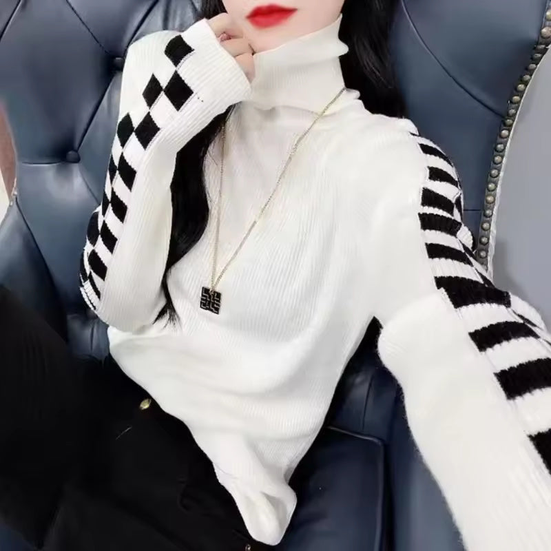 Check Sleeve High-Neck Sweater