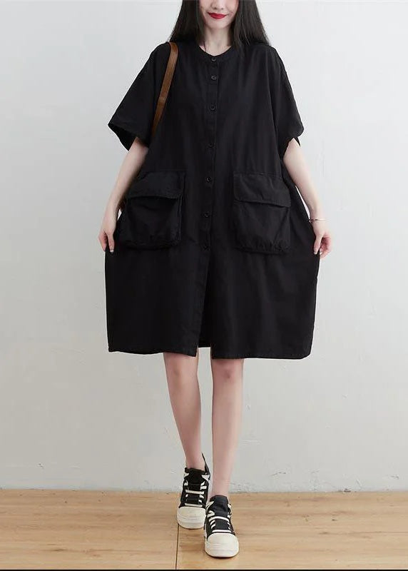 Plus Size O-Neck Pockets Button Linen Dresses Short Sleeve