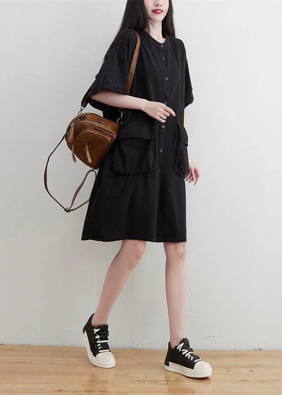 Plus Size O-Neck Pockets Button Linen Dresses Short Sleeve