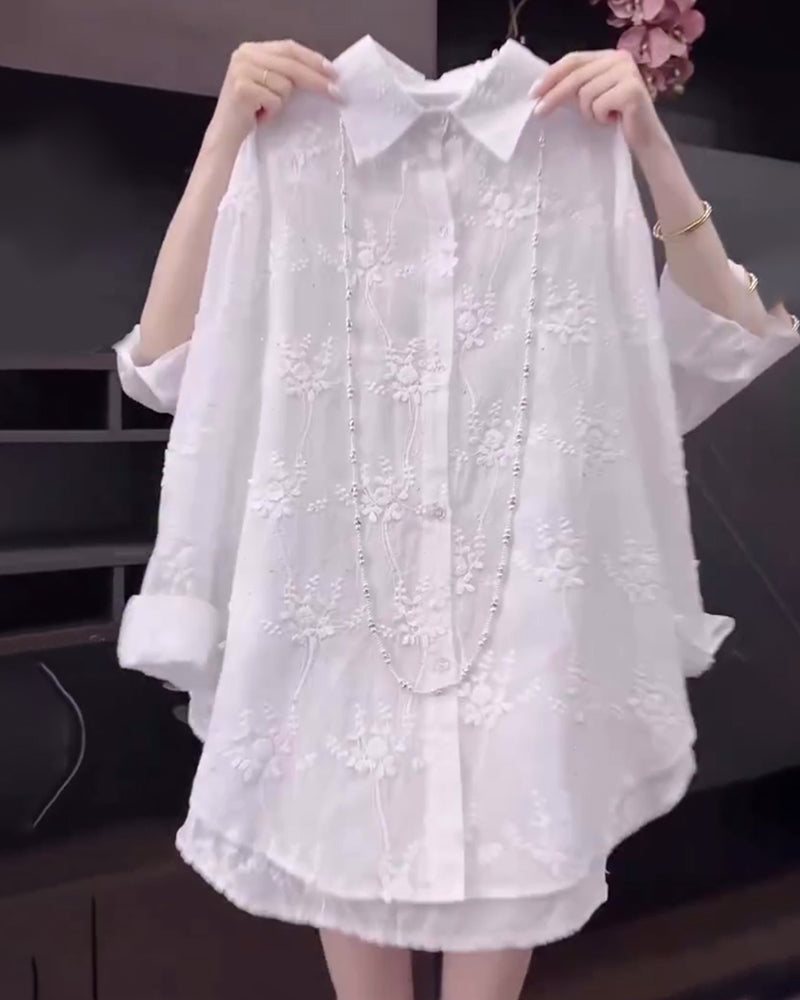 Embroidered Solid Color Shirt with Dropped Shoulders