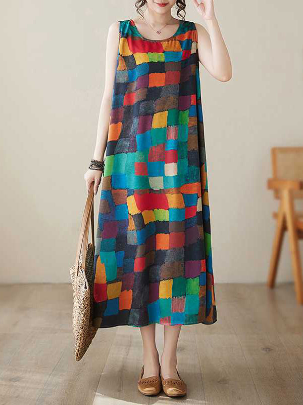 Loose Sleeveless Contrast Color Multi-Colored Plaid Round-Neck Midi Dress