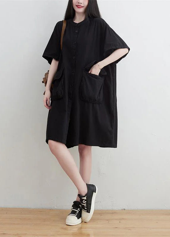 Plus Size O-Neck Pockets Button Linen Dresses Short Sleeve