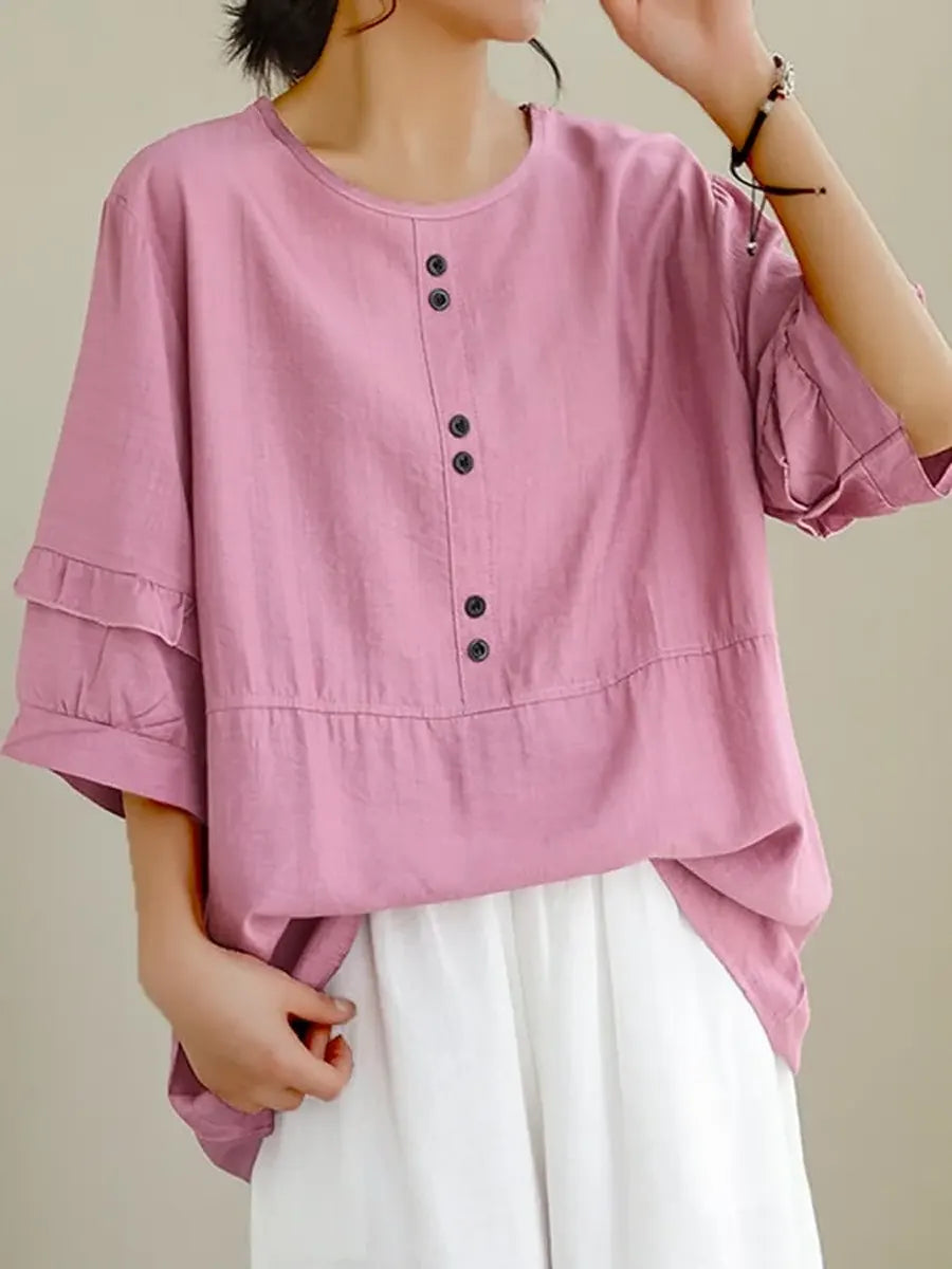 Women's Solid Color Casual Round Neck Button Cotton Linen Shirt