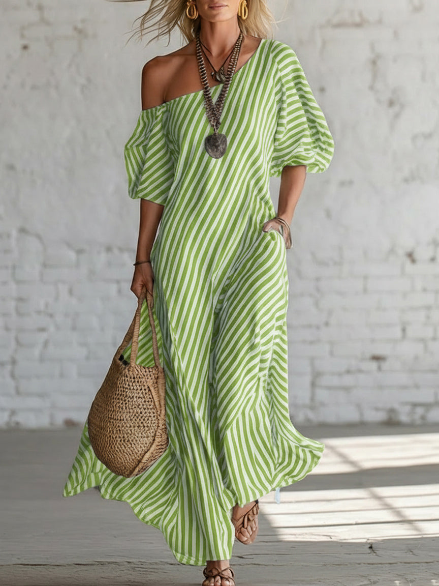 Elegant And Classic Striped Off-Shoulder Maxi Dress