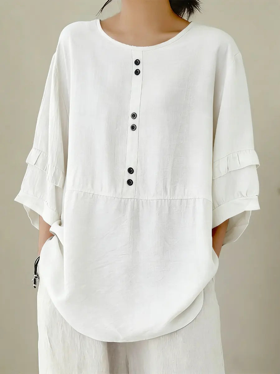 Women's Solid Color Casual Round Neck Button Cotton Linen Shirt