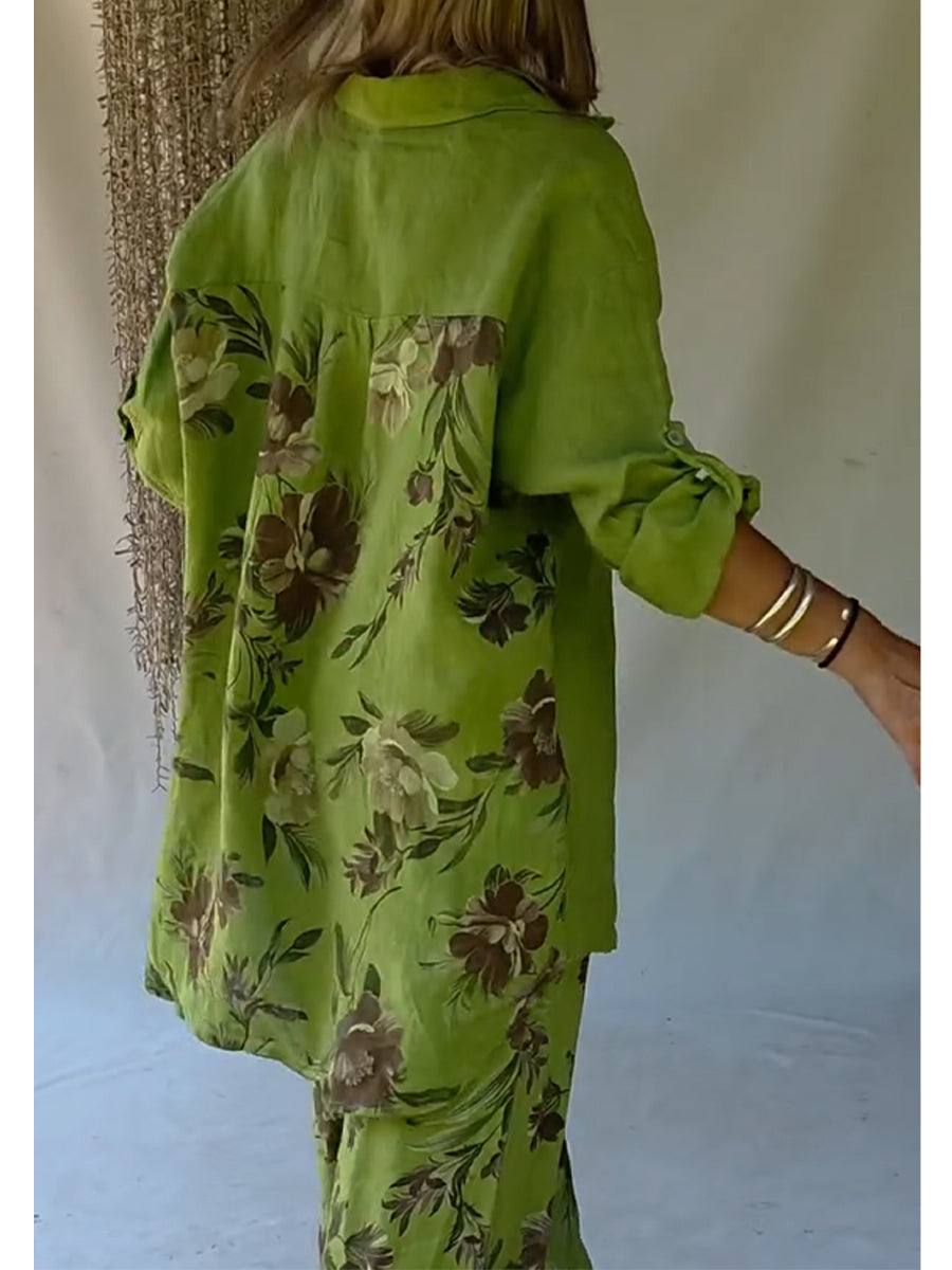 Casual Floral Print Linen And Cotton Shirt And Trousers Two-Piece Set