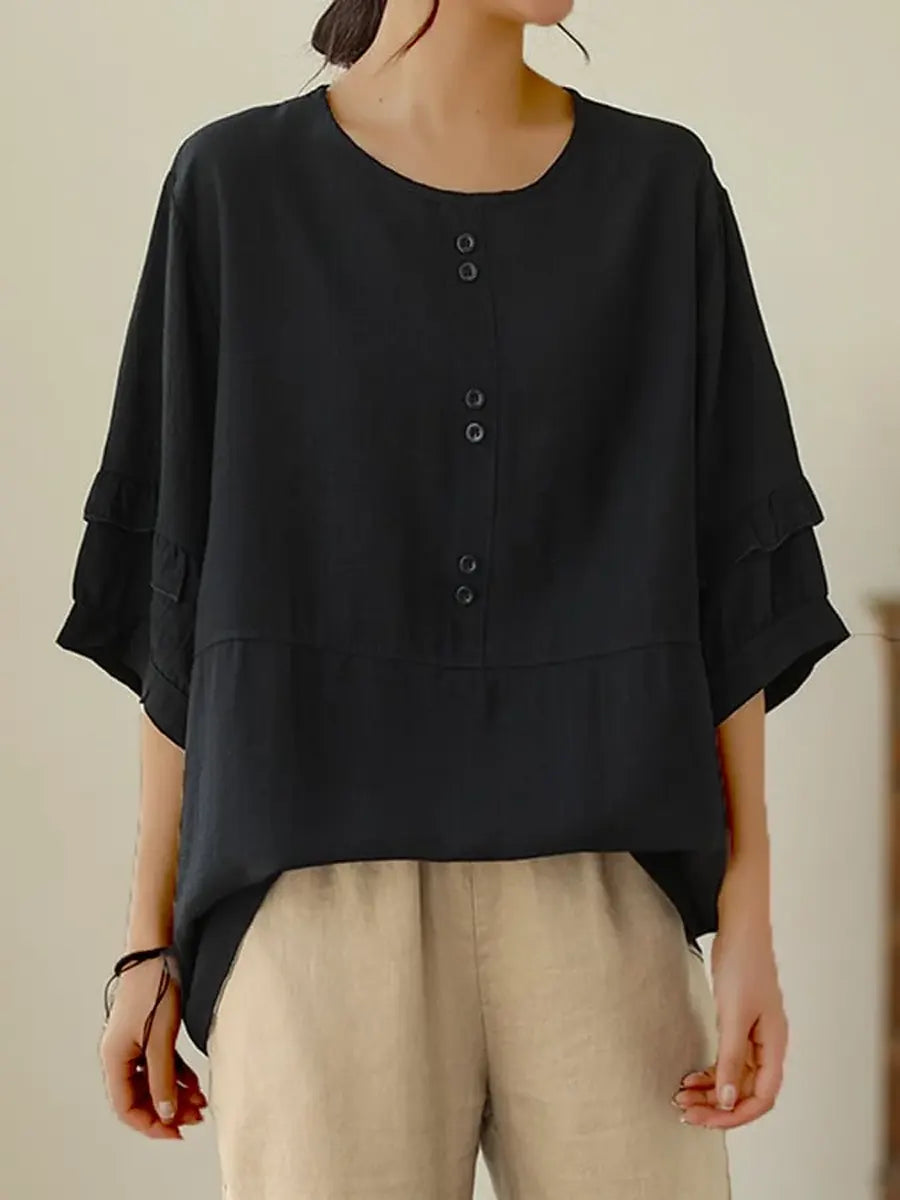 Women's Solid Color Casual Round Neck Button Cotton Linen Shirt