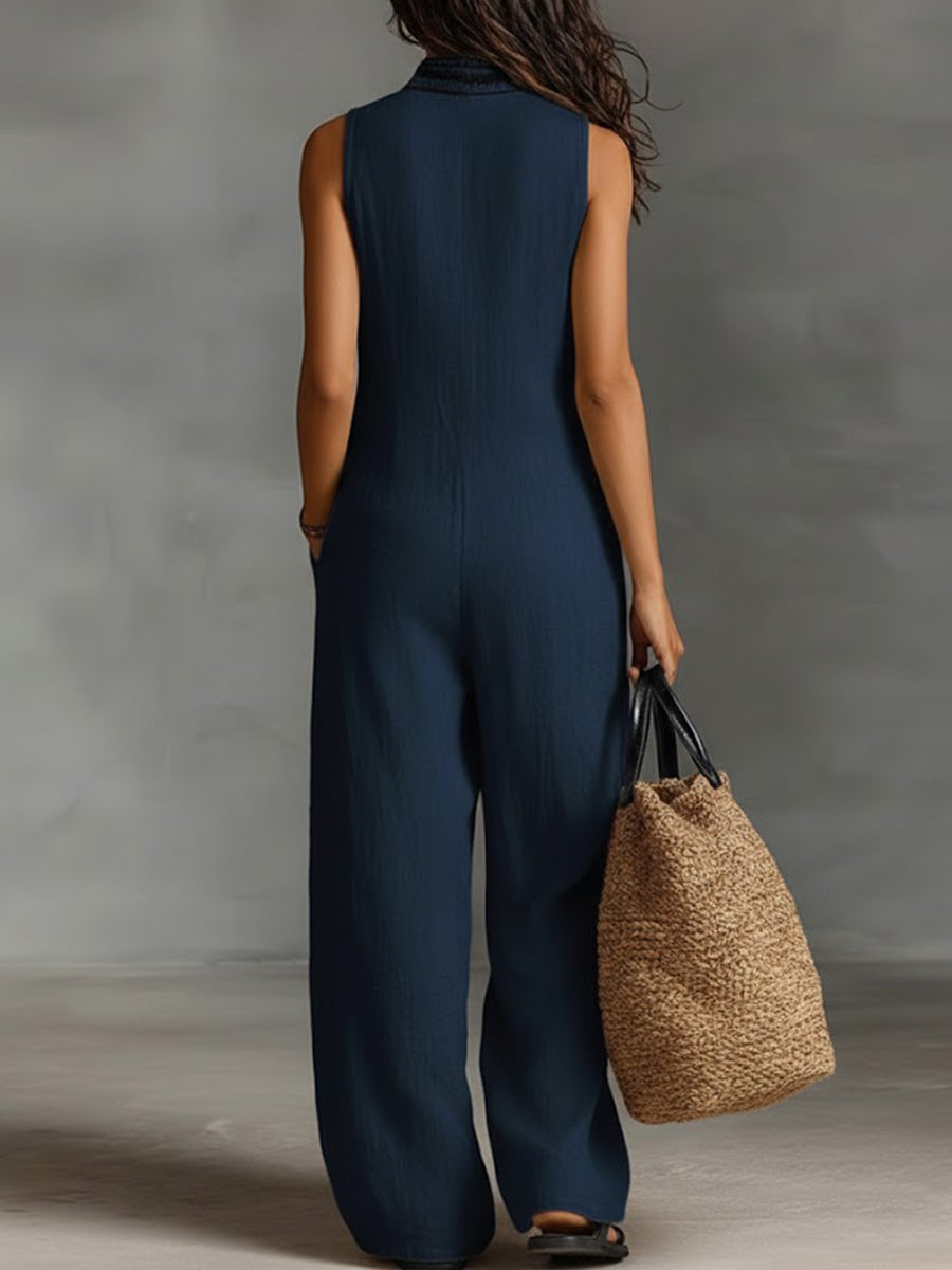 Women's V-Neck Sleeveless Casual Loose Cotton And Linen Jumpsuit