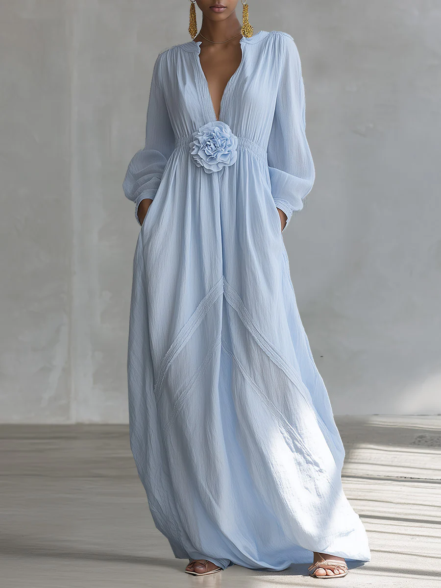 Elegant Three-Dimensional Floral Cotton And Linen Maxi Dress