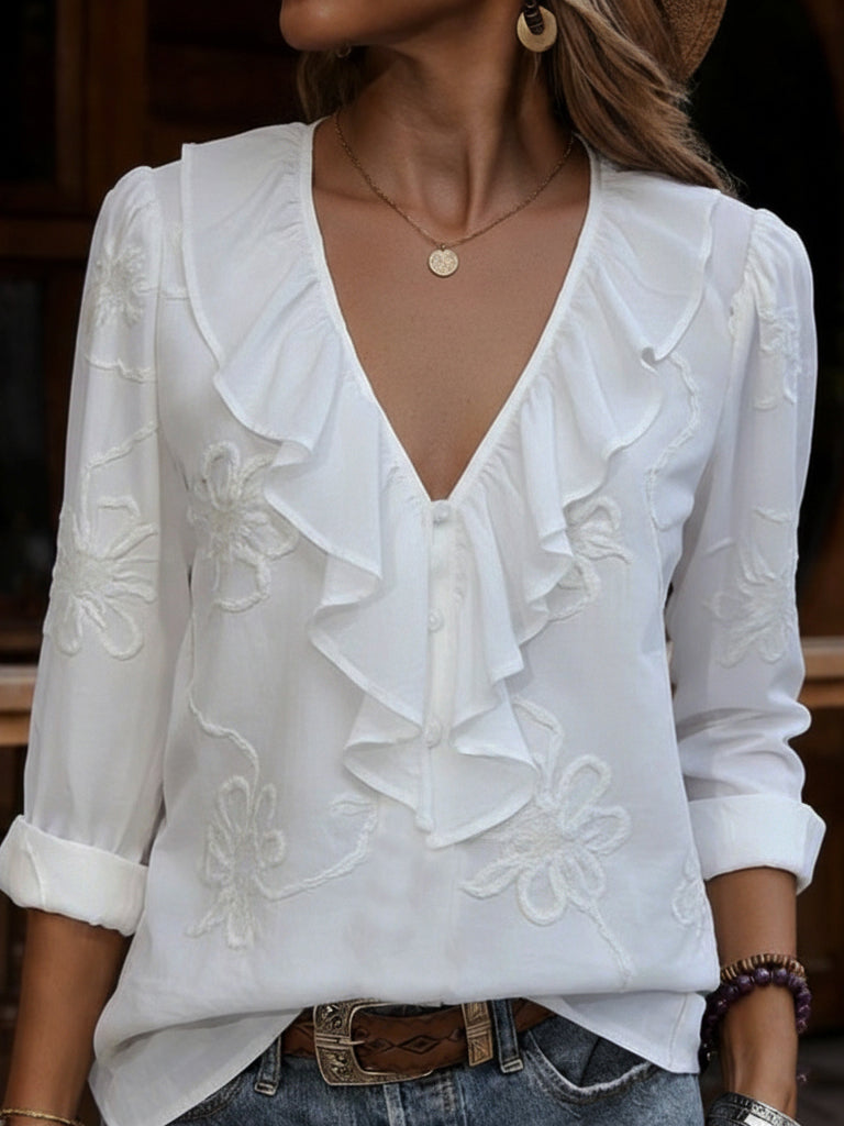 Vintage Ruffled V-neck Shirt with Embroidered Flowers
