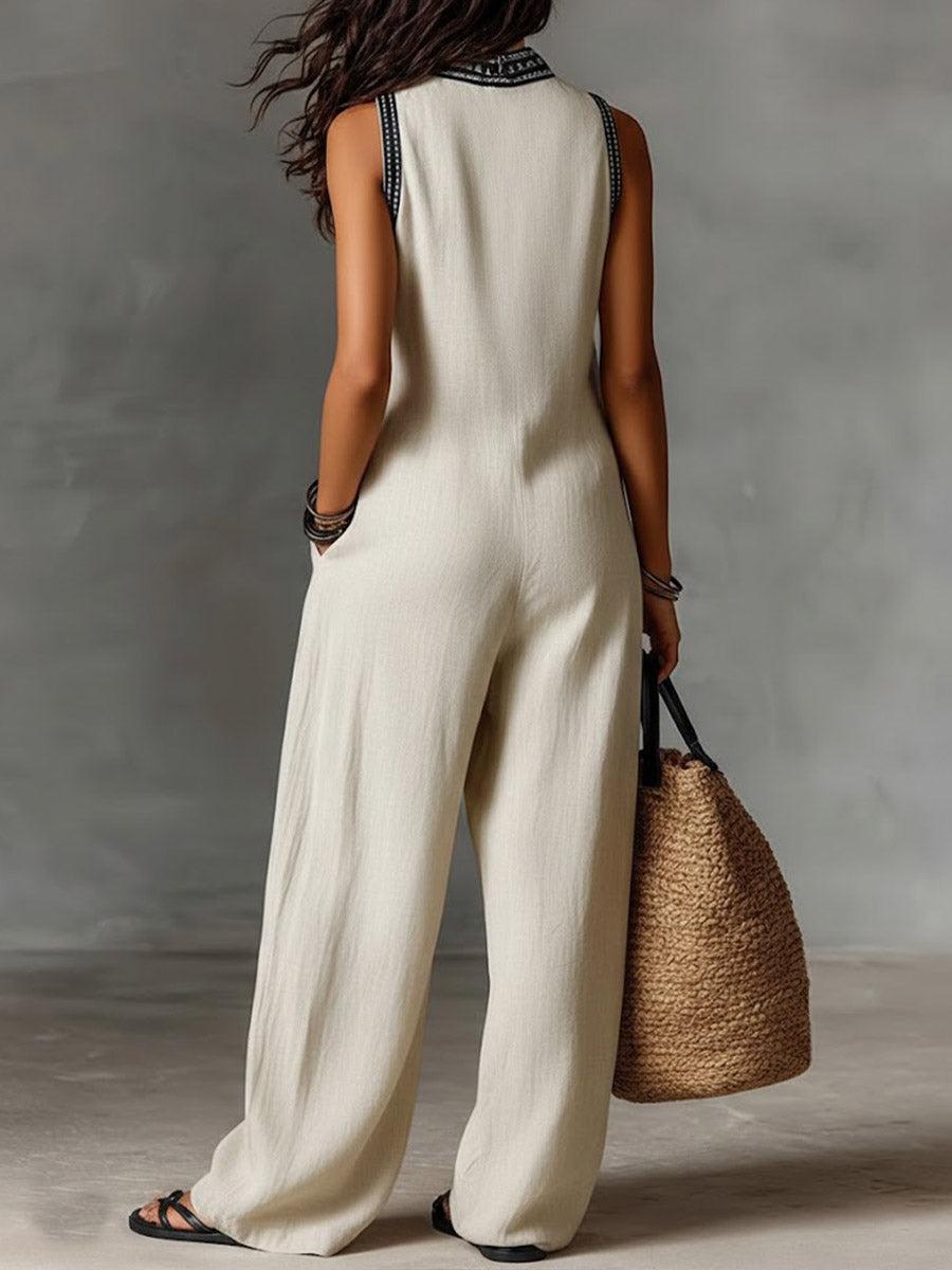Women's V-Neck Sleeveless Casual Loose Cotton And Linen Jumpsuit