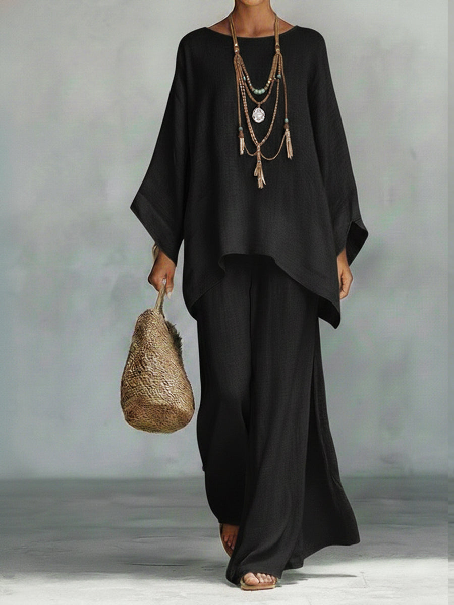 Women's Comfortable, Loose-fitting Linen And Cotton Top And Wide-leg Pants Two-piece Set