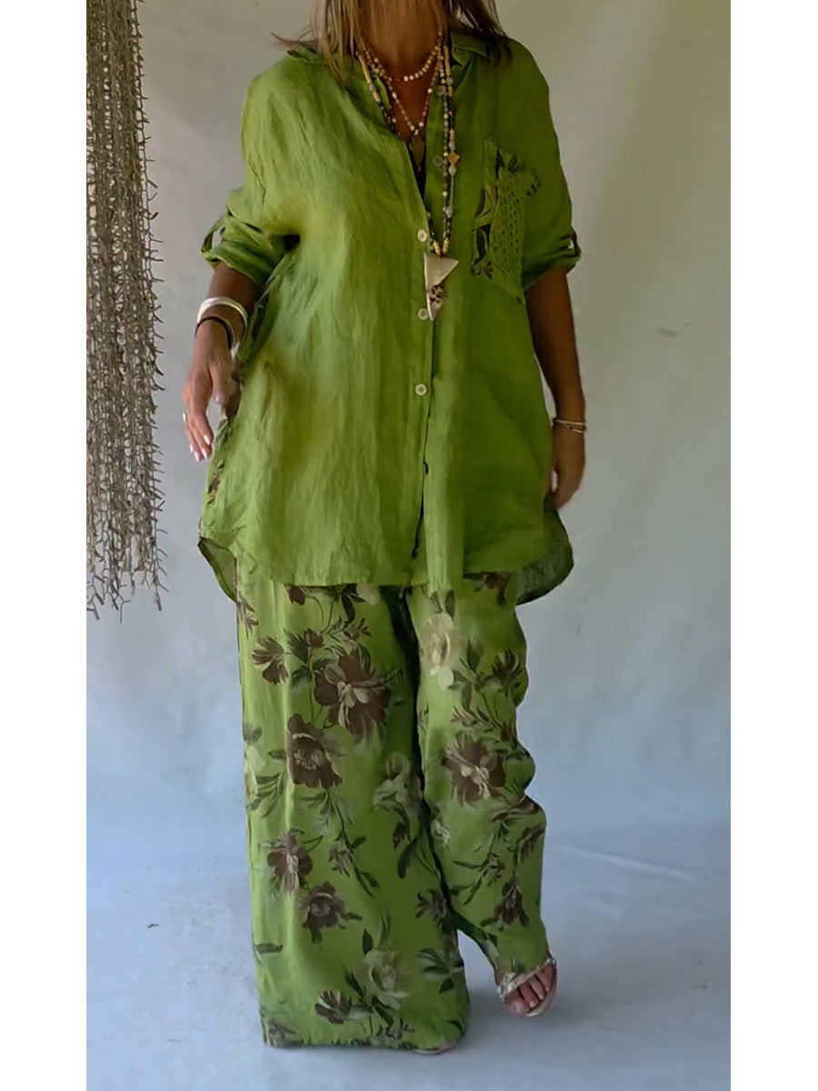 Casual Floral Print Linen And Cotton Shirt And Trousers Two-Piece Set