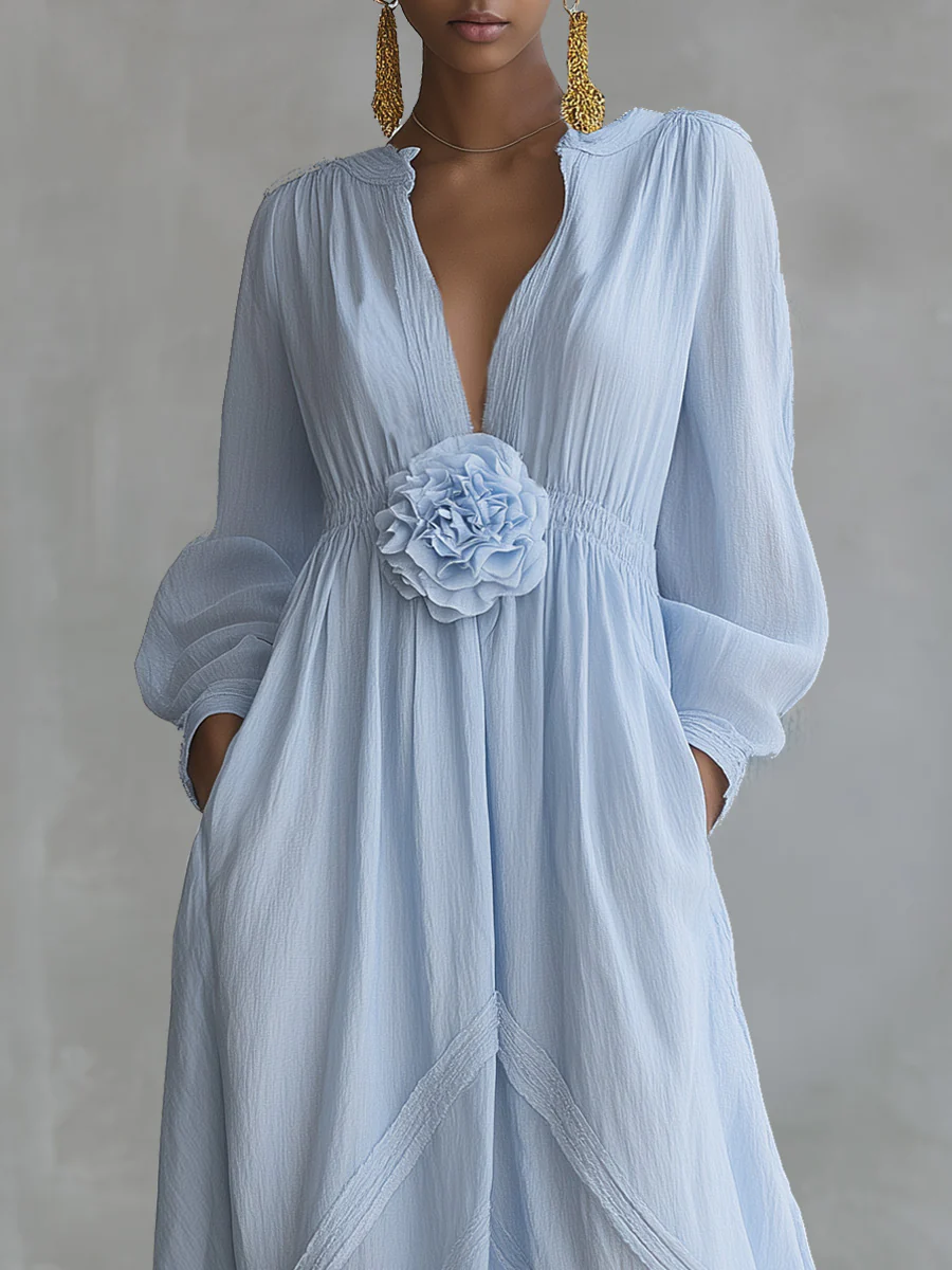 Elegant Three-Dimensional Floral Cotton And Linen Maxi Dress