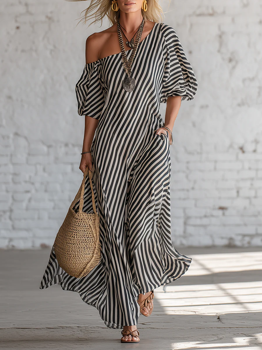 Elegant And Classic Striped Off-Shoulder Maxi Dress