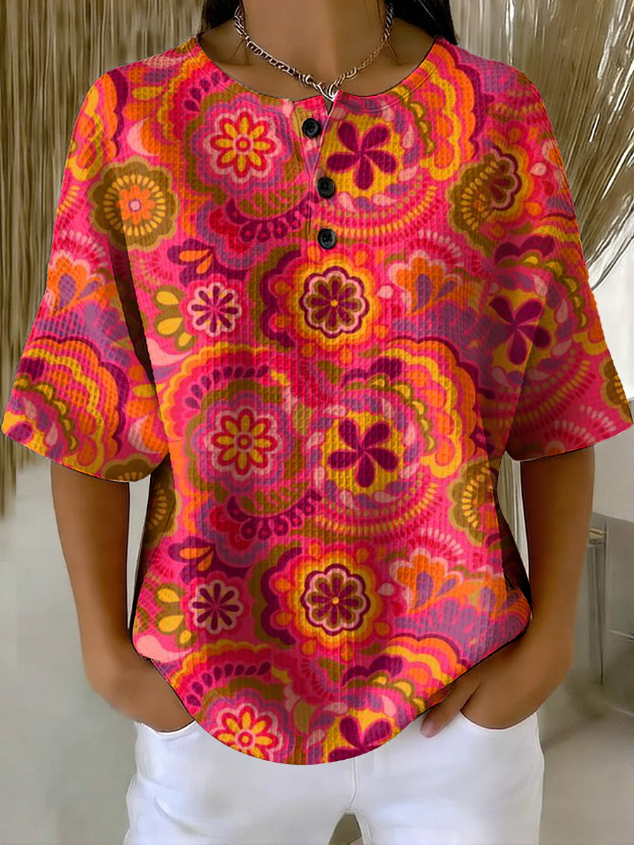 Women's Vintage Hippie Flowers Pattern Printed Casual Cotton Waffle Knit Sweatshirt
