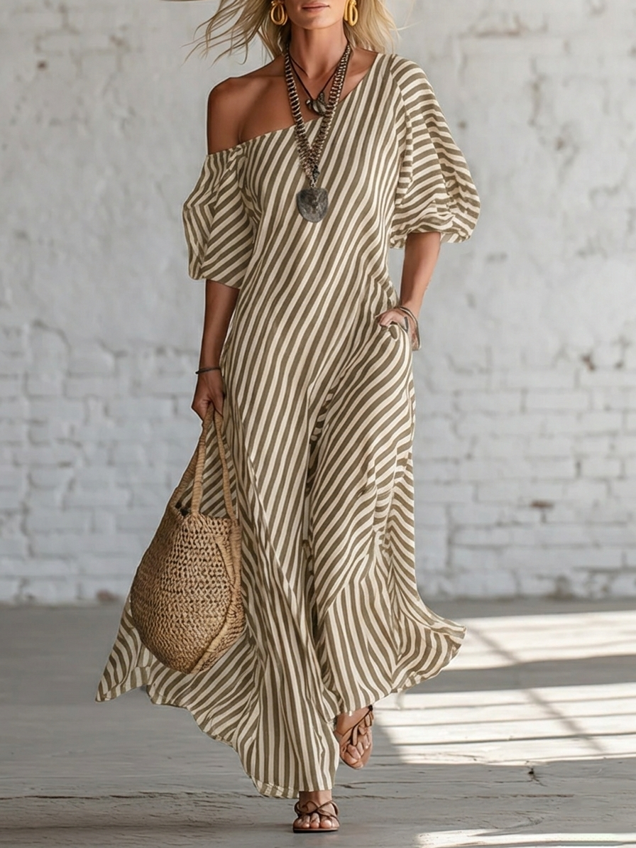 Elegant And Classic Striped Off-Shoulder Maxi Dress
