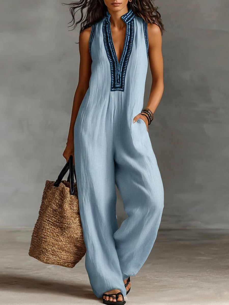 Women's V-Neck Sleeveless Casual Loose Cotton And Linen Jumpsuit