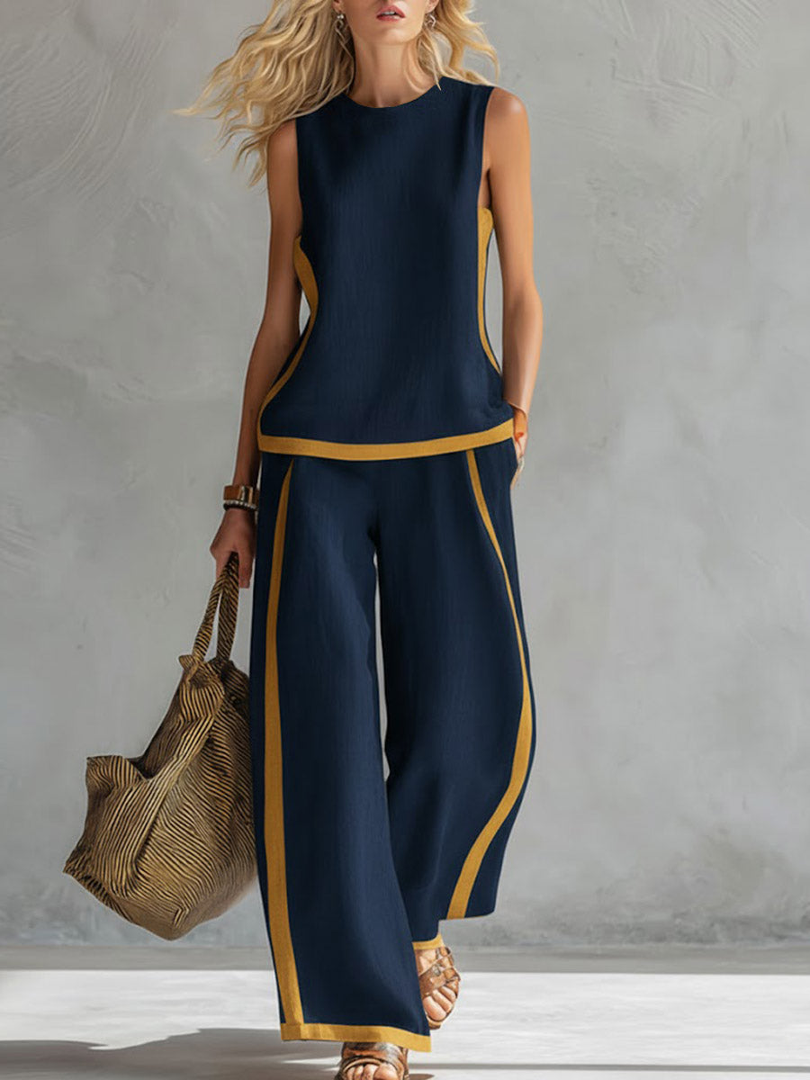 Women's Round Neck Sleeveless Casual Loose Top And High-waisted Loose Wide-leg Pants Cotton And Linen Set
