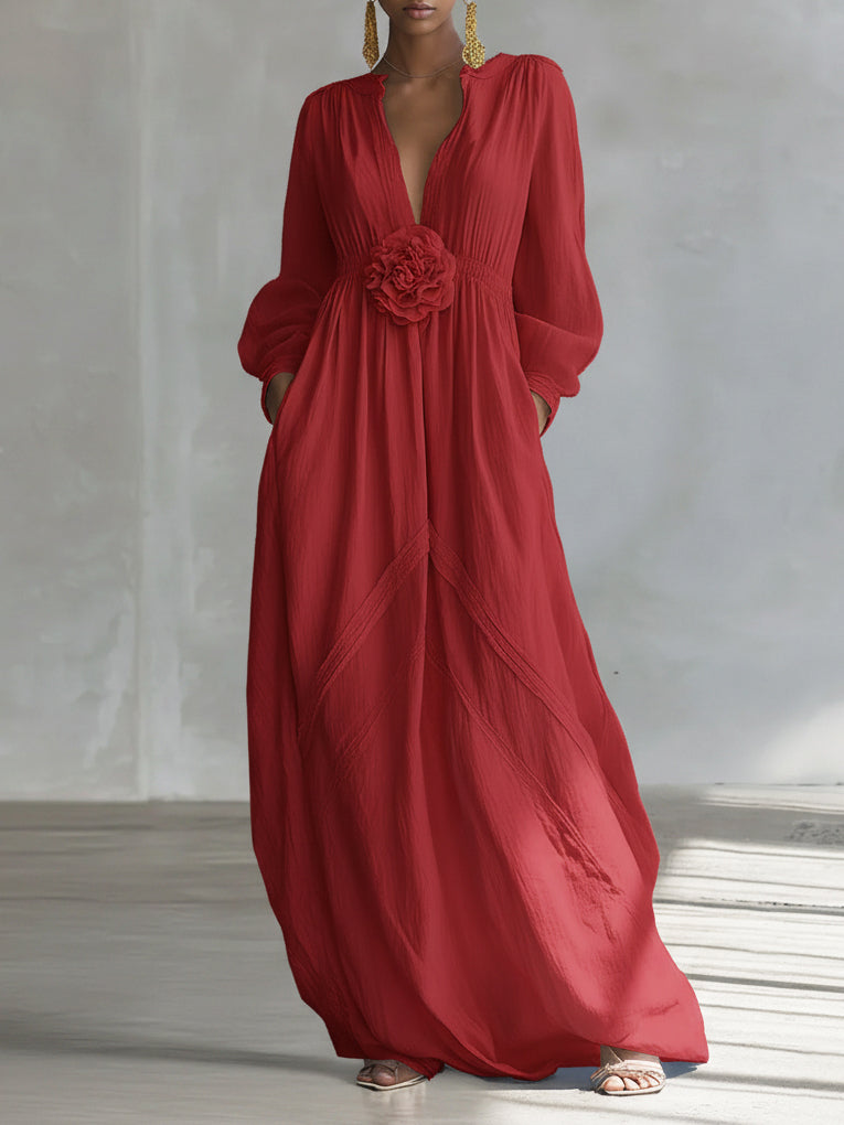 Elegant Three-Dimensional Floral Cotton And Linen Maxi Dress