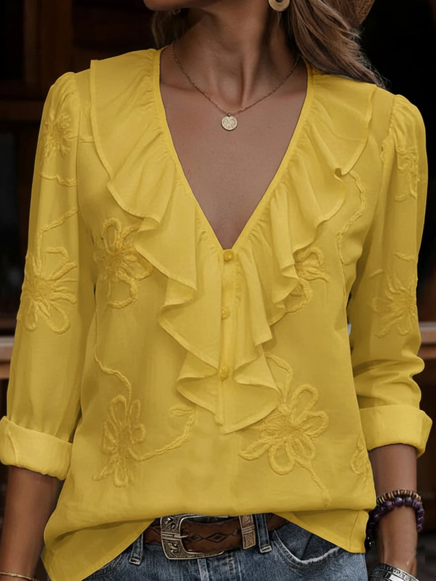 Vintage Ruffled V-neck Shirt with Embroidered Flowers