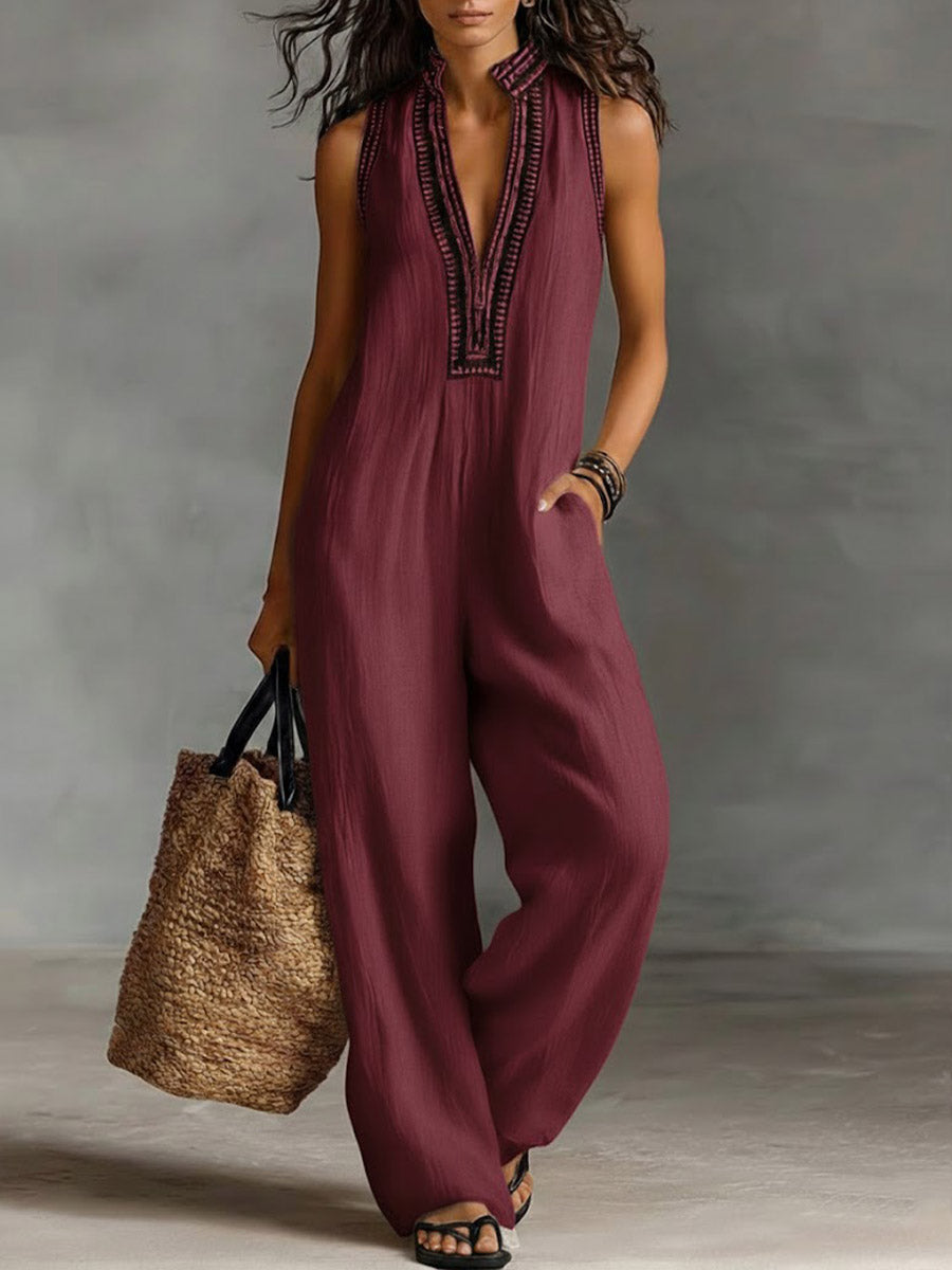Women's V-Neck Sleeveless Casual Loose Cotton And Linen Jumpsuit